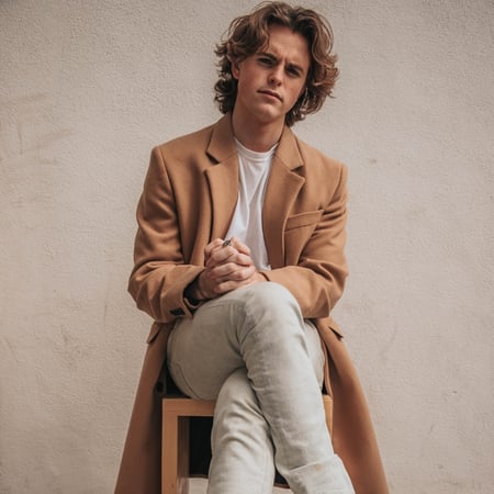 white male model in brown trench coat with medium length hair sitting on a stool 